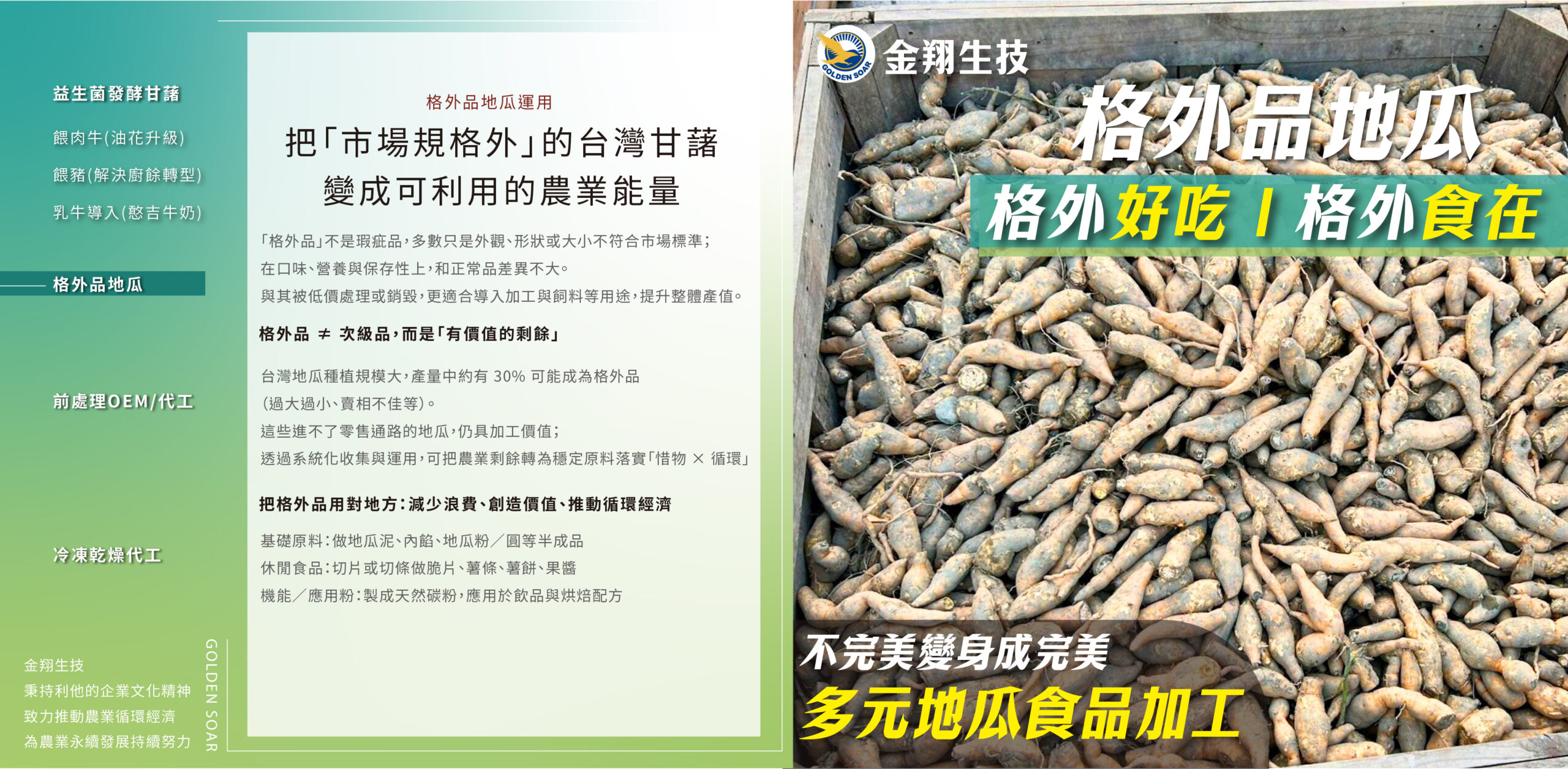 格外品地瓜運用。將「市場規格外」的台灣甘藷（外觀、形狀或大小不符通路標準）導入加工與原料應用，減少浪費、創造附加價值。可依需求規劃為地瓜泥、地瓜粉、半成品或食品加工原料，支持農業剩餘再利用與循環經濟。